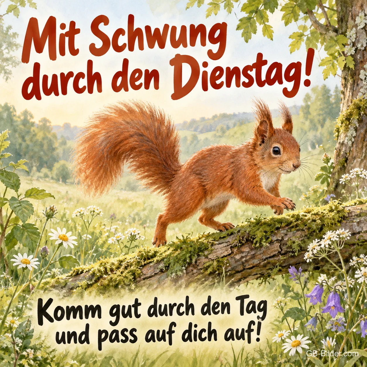 Eichhörnchen läuft über einen Ast auf einer Blumenwiese, Text: Mit Schwung durch den Dienstag! Komm gut durch den Tag und pass auf dich auf!