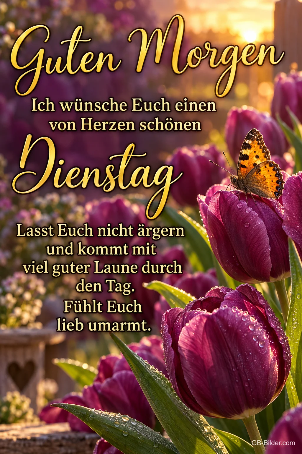 Schmetterling auf Tulpen, Text: Guten Morgen