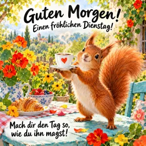 Eichhörnchen serviert eine Tasse Kaffee am Frühstückstisch im Garten, Text: Guten Morgen! Einen fröhlichen Dienstag! Mach dir den Tag so, wie du ihn magst!