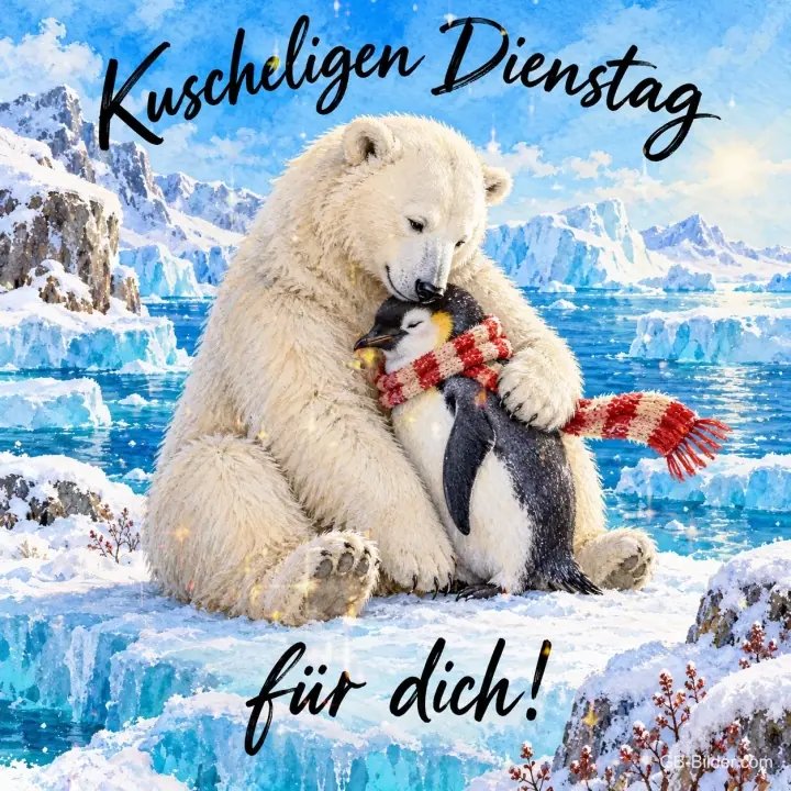 Eisbär umarmt einen Pinguin mit Schal im Schnee, Text: Kuscheligen Dienstag für dich! Eisbär umarmt einen Pinguin mit Schal im Schnee, Text: Kuscheligen Dienstag für dich!