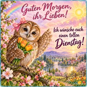 Waldkauz mit rosa Schleife hält Tulpen und winkt mit dem Flügel, Text: Guten Morgen, ihr Lieben! Ich wünsche euch einen tollen Dienstag!