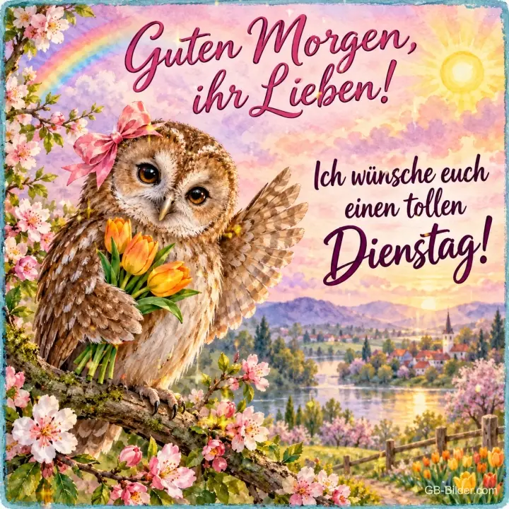 Waldkauz mit rosa Schleife hält Tulpen und winkt mit dem Flügel, Text: Guten Morgen, ihr Lieben! Ich wünsche euch einen tollen Dienstag! Waldkauz mit rosa Schleife hält Tulpen und winkt mit dem Flügel, Text: Guten Morgen, ihr Lieben! Ich wünsche euch einen tollen Dienstag!