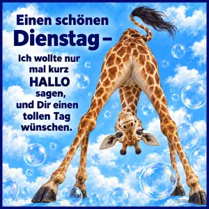 Giraffe schaut kopfüber zwischen ihren Beinen hindurch, Text: Einen schönen Dienstag – Ich wollte nur mal kurz HALLO sagen, und Dir einen tollen Tag wünschen.