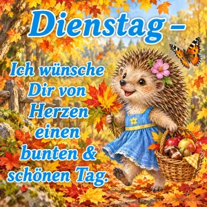 Igel im blauen Kleid trägt einen Korb und Herbstlaub, Text: Dienstag – Ich wünsche Dir von Herzen einen bunten & schönen Tag.