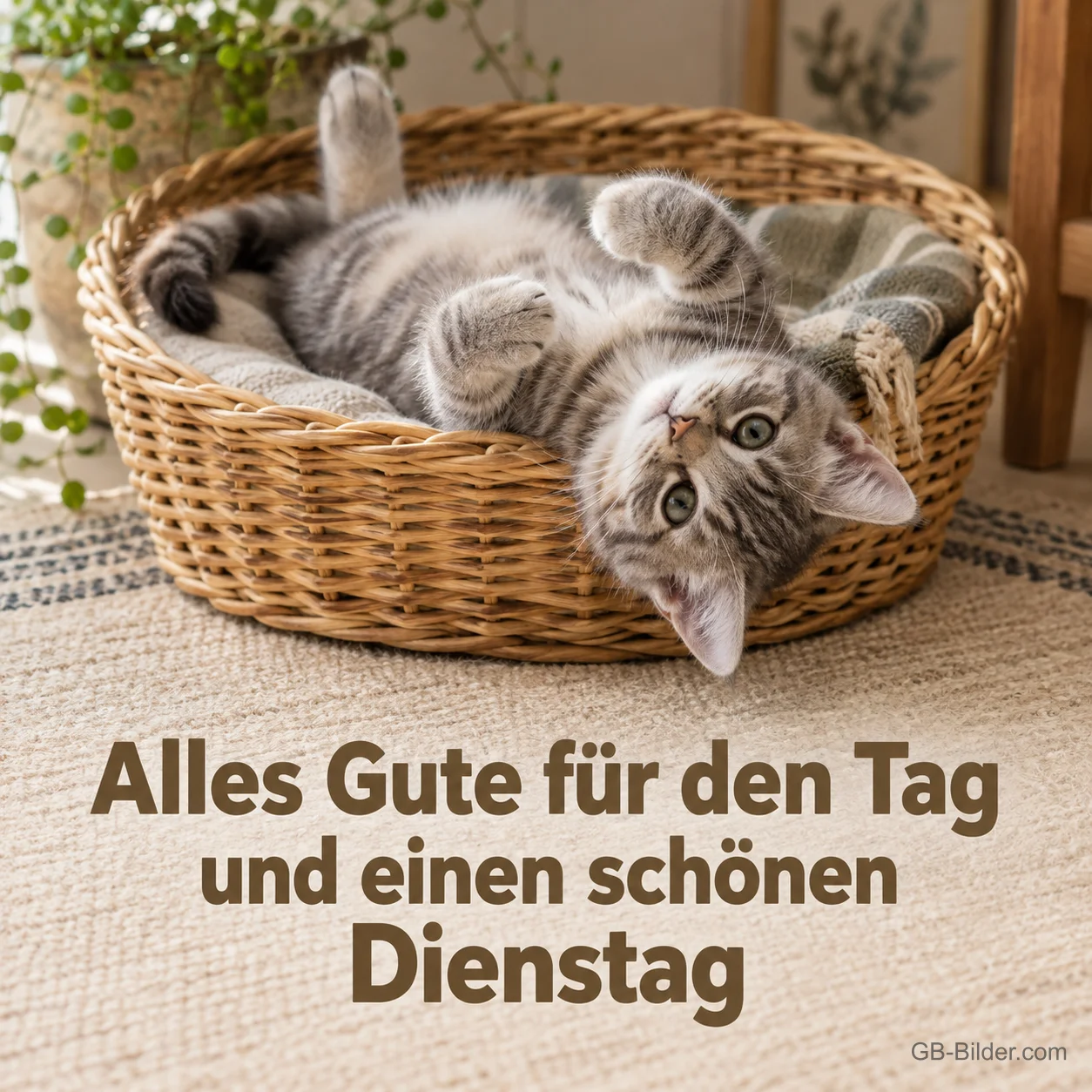 Kätzchen im Weidenkorb, Text: Alles Gute für den Tag und einen schönen Dienstag Kätzchen im Weidenkorb, Text: Alles Gute für den Tag und einen schönen Dienstag