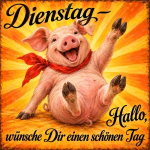 Ferkel mit Halstuch reißt jubelnd die Beine hoch, Text: Dienstag – Hallo, wünsche Dir einen schönen Tag