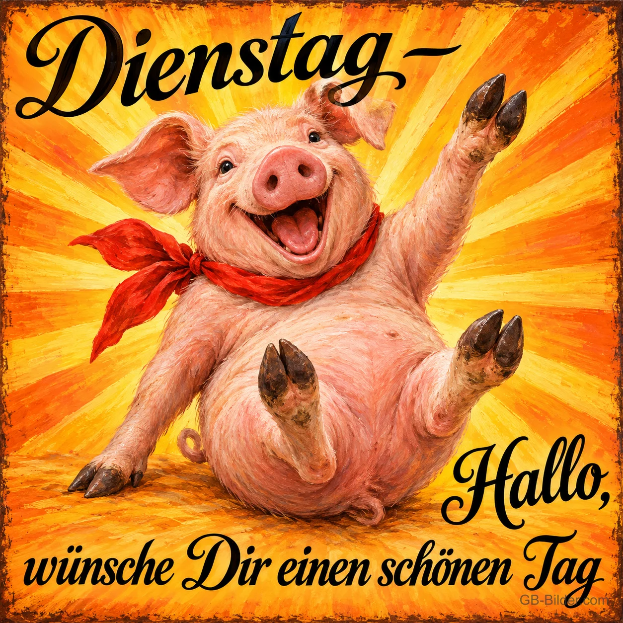 Ferkel mit Halstuch reißt jubelnd die Beine hoch, Text: Dienstag – Hallo, wünsche Dir einen schönen Tag