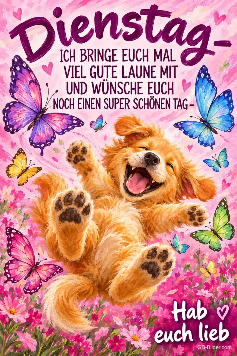 Welpe springt jubelnd zwischen Schmetterlingen, Text: Dienstag – ICH BRINGE EUCH MAL VIEL GUTE LAUNE MIT UND WÜNSCHE EUCH NOCH EINEN SUPER SCHÖNEN TAG – Hab euch lieb