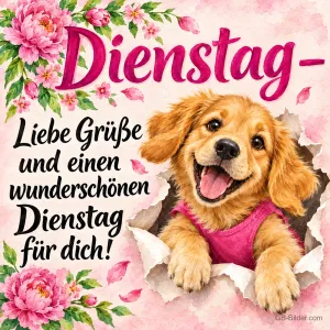 Golden-Retriever-Welpe bricht lachend durch Papier zwischen Pfingstrosen, Text: Dienstag – Liebe Grüße und einen wunderschönen Dienstag für dich!