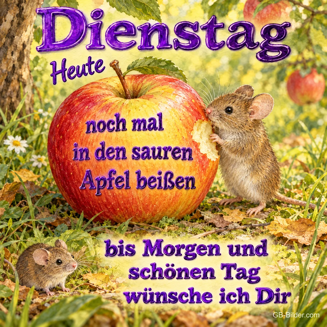 Maus knabbert an einem großen roten Apfel, Text: Dienstag – Heute noch mal in den sauren Apfel beißen, bis Morgen und schönen Tag wünsche ich Dir