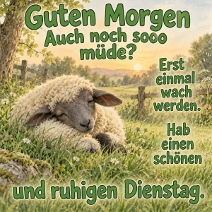 Müdes Schaf in der Wiese, Text: Guten Morgen