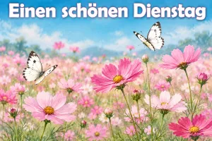 Weiße Schmetterlinge über einem rosa Blumenfeld, Text: Einen schönen Dienstag