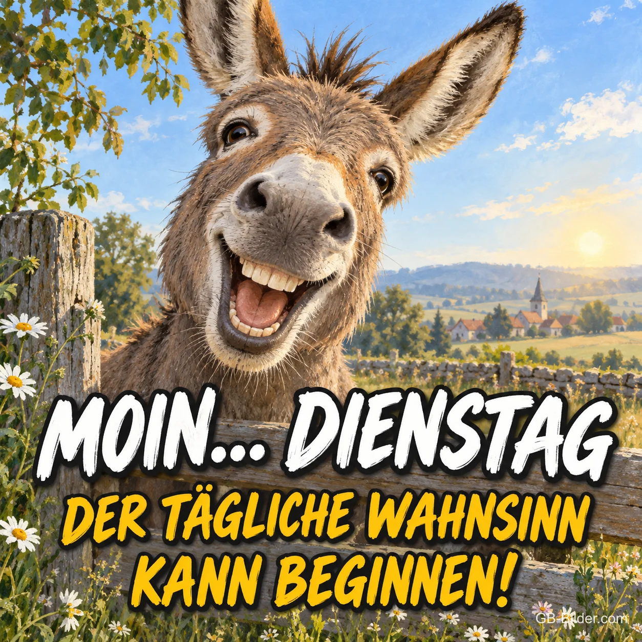 Grinsender Esel, lustiger Spruch, Text: MOIN Grinsender Esel, lustiger Spruch, Text: MOIN