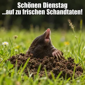 Maulwurf schaut jubelnd aus einem Erdhügel auf der Wiese, Text: Schönen Dienstag …auf zu frischen Schandtaten!
