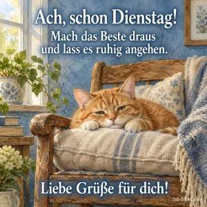 Rote Katze liegt auf einem Kissen im Holzsessel, Text: Ach, schon Dienstag! Mach das Beste draus und lass es ruhig angehen. Liebe Grüße für dich!