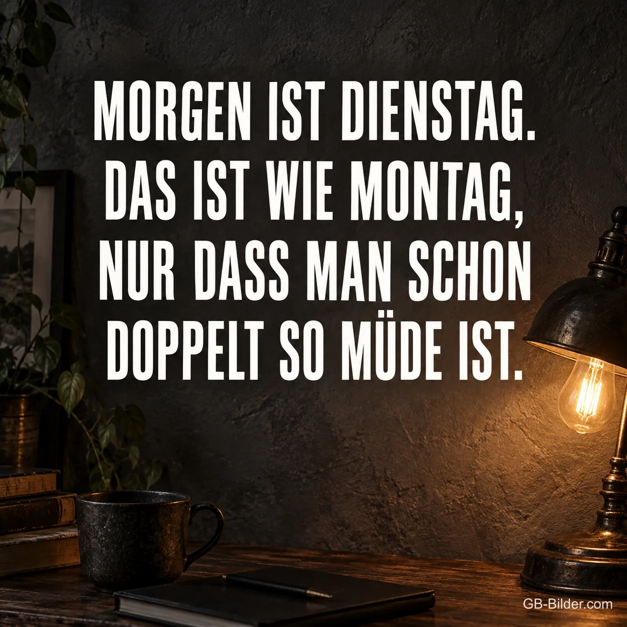 Schreibtisch mit Lampe und Tasse vor dunkler Wand, Text: MORGEN IST DIENSTAG. DAS IST WIE MONTAG, NUR DASS MAN SCHON DOPPELT SO MÜDE IST. Schreibtisch mit Lampe und Tasse vor dunkler Wand, Text: MORGEN IST DIENSTAG. DAS IST WIE MONTAG, NUR DASS MAN SCHON DOPPELT SO MÜDE IST.