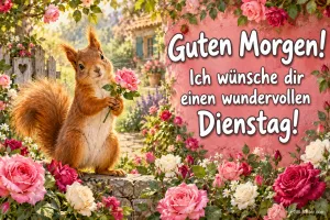 Eichhörnchen hält eine rosa Rose im Rosengarten, Text: Guten Morgen! Ich wünsche dir einen wundervollen Dienstag!