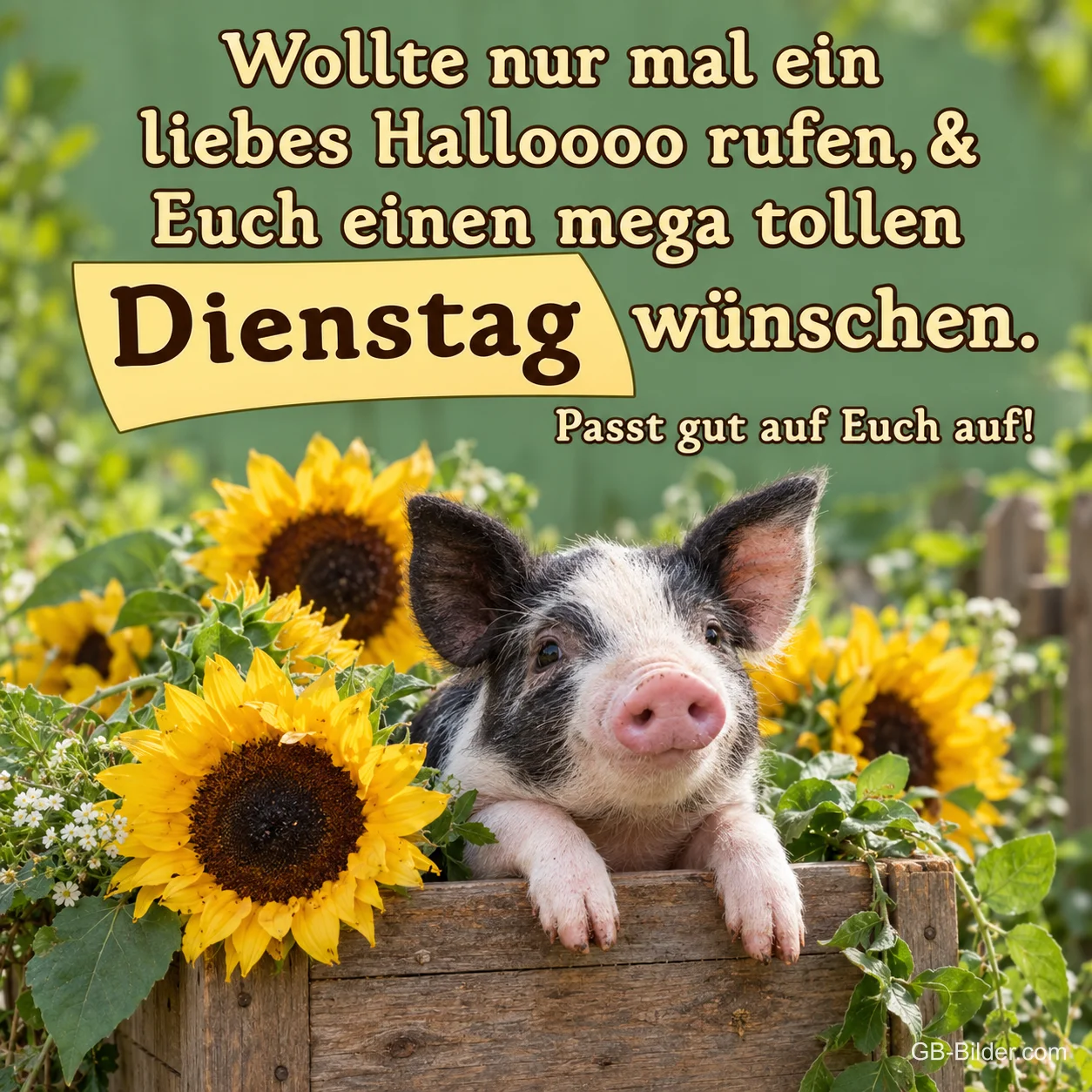 Ferkel zwischen Sonnenblumen, Text: Wollte nur mal ein liebes Halloooo rufen, & Euch einen mega tollen Die