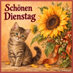 Getigertes Kätzchen sitzt vor Sonnenblumen mit oranger Schleife, Text: Schönen Dienstag