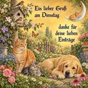 Zwei Katzen und ein Hund im Blumengarten mit Vogelhaus und Mond, Text: Ein lieber Gruß am Dienstag – danke für deine lieben Einträge