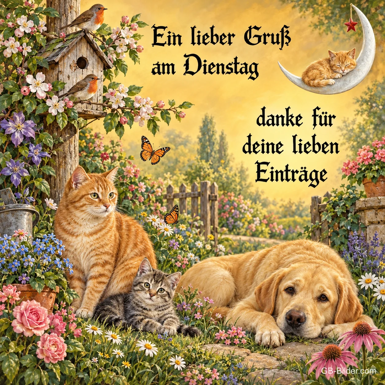 Zwei Katzen und ein Hund im Blumengarten mit Vogelhaus und Mond, Text: Ein lieber Gruß am Dienstag – danke für deine lieben Einträge