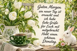 Weiße Tulpen mit Kaffee, Text: Guten Morgen