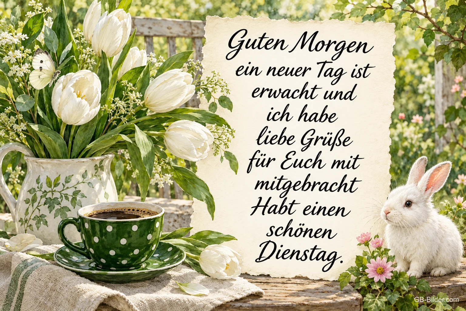 Weiße Tulpen mit Kaffee, Text: Guten Morgen