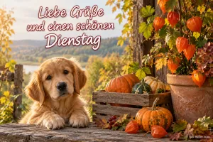 Golden-Retriever-Welpe zwischen Kürbissen und Lampionblumen, Text: Liebe Grüße und einen schönen Dienstag