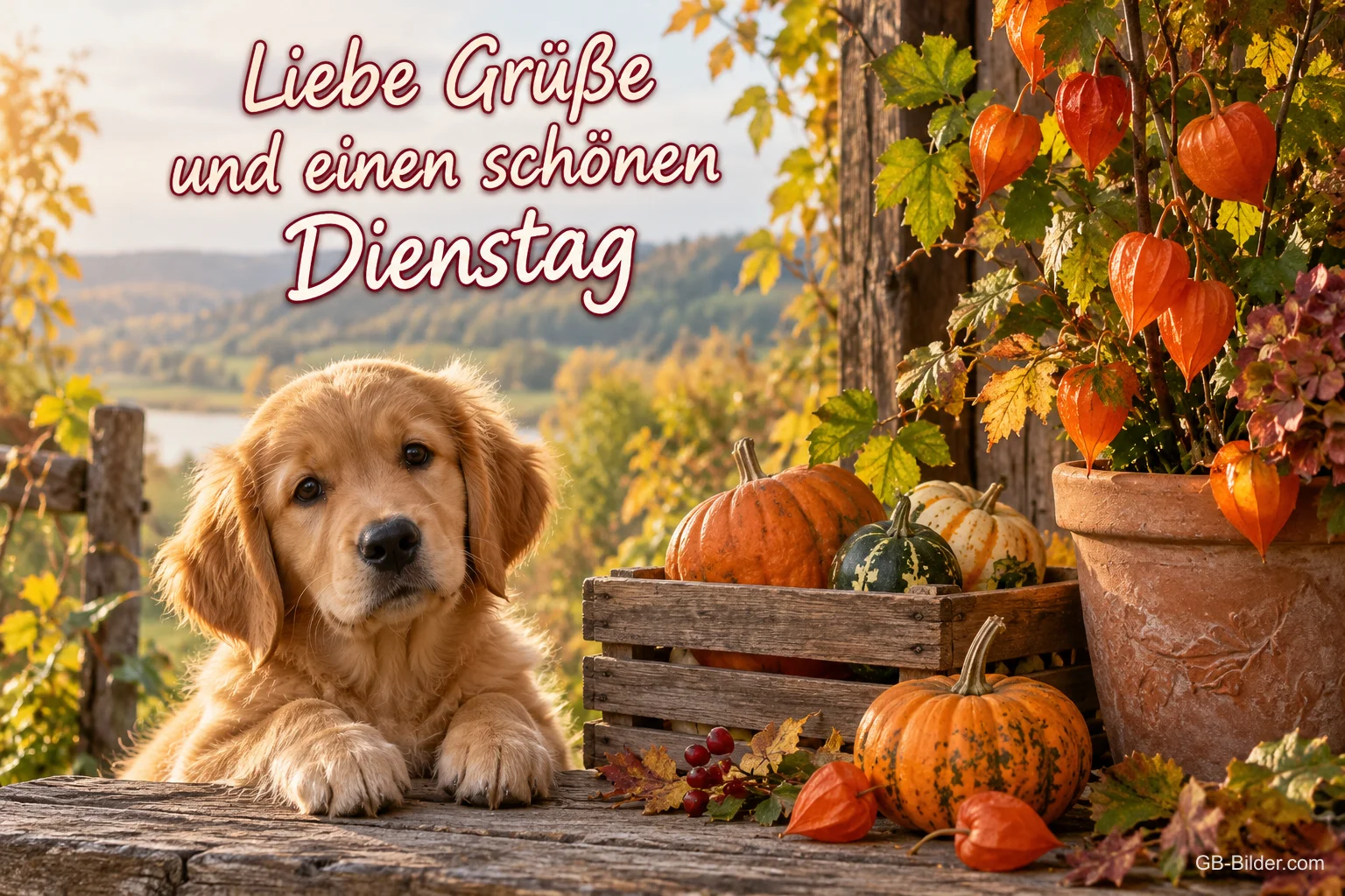 Golden-Retriever-Welpe zwischen Kürbissen und Lampionblumen, Text: Liebe Grüße und einen schönen Dienstag