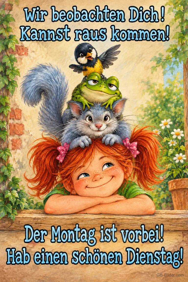 Lachendes Mädchen mit Katze, Frosch und Vogel auf dem Kopf, Text: Wir beobachten Dich! Kannst raus kommen! Der Montag ist vorbei! Hab einen schönen Dienstag!