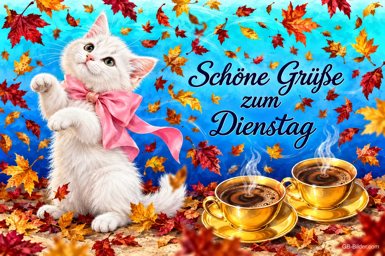 Weißes Kätzchen mit rosa Schleife spielt mit Herbstblättern neben zwei Kaffeetassen, Text: Schöne Grüße zum Dienstag Weißes Kätzchen mit rosa Schleife spielt mit Herbstblättern neben zwei Kaffeetassen, Text: Schöne Grüße zum Dienstag