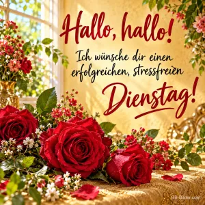 Rote Rosen auf einem goldenen Tisch am Fenster, Text: Hallo, hallo! Ich wünsche dir einen erfolgreichen, stressfreien Dienstag!