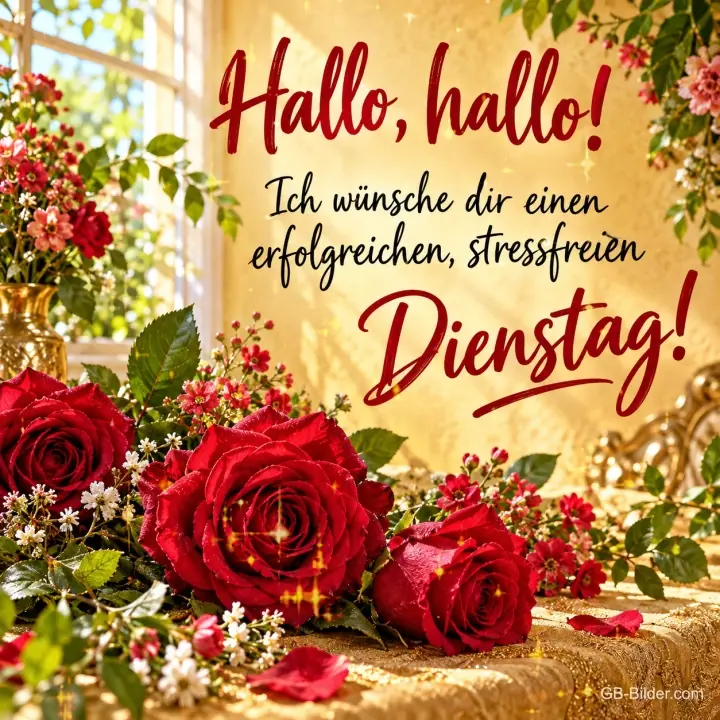 Rote Rosen auf einem goldenen Tisch am Fenster, Text: Hallo, hallo! Ich wünsche dir einen erfolgreichen, stressfreien Dienstag! Rote Rosen auf einem goldenen Tisch am Fenster, Text: Hallo, hallo! Ich wünsche dir einen erfolgreichen, stressfreien Dienstag!