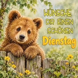 Bärenjunges schaut über einen alten Holzzaun mit gelben Blumen, Text: Wünsche dir einen schönen Dienstag