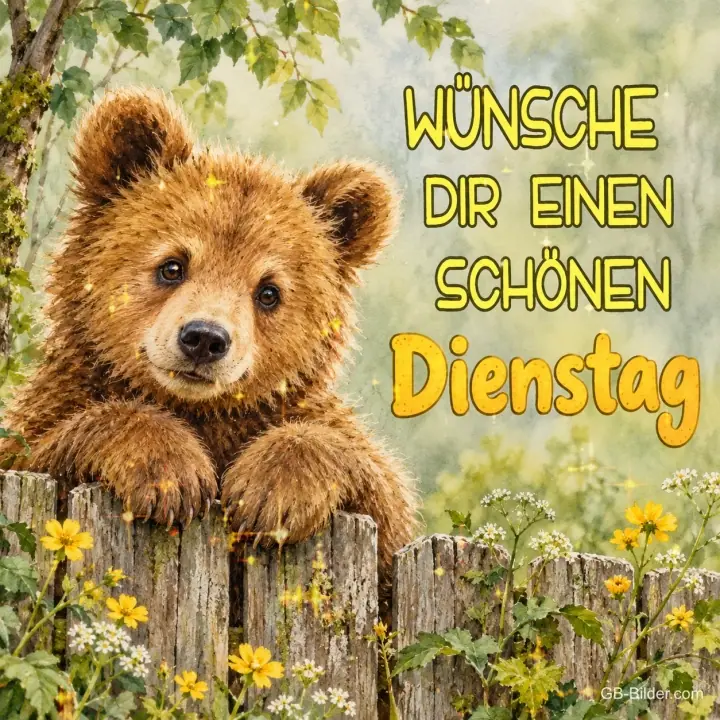 Bärenjunges schaut über einen alten Holzzaun mit gelben Blumen, Text: Wünsche dir einen schönen Dienstag