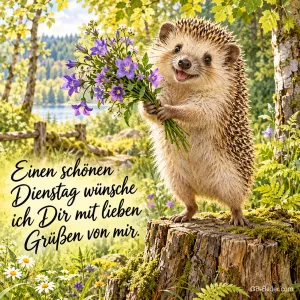 Igel steht auf einem Baumstumpf und hält einen Strauß Glockenblumen, Text: Einen schönen Dienstag wünsche ich Dir mit lieben Grüßen von mir.