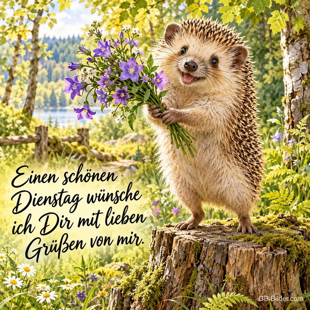 Igel steht auf einem Baumstumpf und hält einen Strauß Glockenblumen, Text: Einen schönen Dienstag wünsche ich Dir mit lieben Grüßen von mir.
