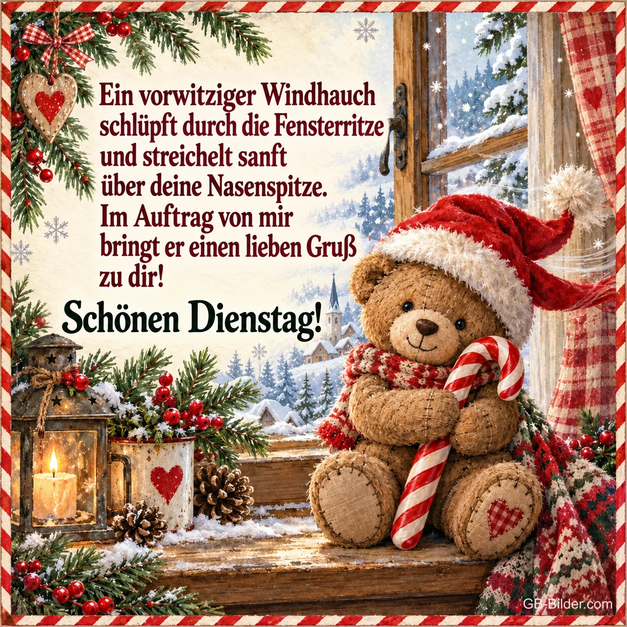 Teddy mit Weihnachtsmütze und Zuckerstange am verschneiten Fenster, Text: Ein vorwitziger Windhauch schlüpft durch die Fensterritze und streichelt sanft über deine Nasenspitze. Im Auftrag von mir bringt er einen lieben Gruß zu dir! Schönen Dienstag! Teddy mit Weihnachtsmütze und Zuckerstange am verschneiten Fenster, Text: Ein vorwitziger Windhauch schlüpft durch die Fensterritze und streichelt sanft über deine Nasenspitze. Im Auftrag von mir bringt er einen lieben Gruß zu dir! Schönen Dienstag!