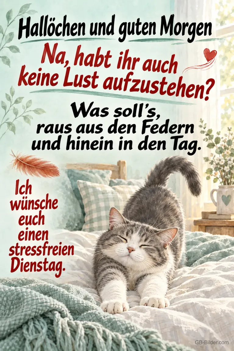 Katze streckt sich im Bett, Text: Hallöchen und guten Morgen