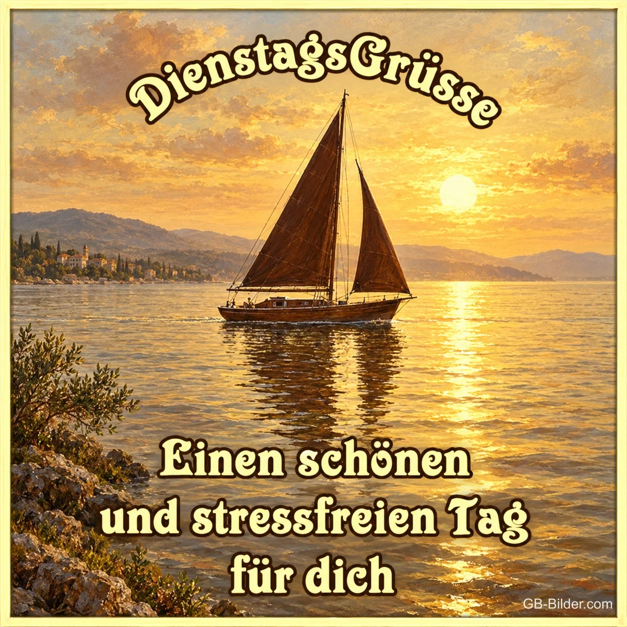 Segelboot auf dem See im goldenen Sonnenuntergang, Text: DienstagsGrüße – Einen schönen und stressfreien Tag für dich