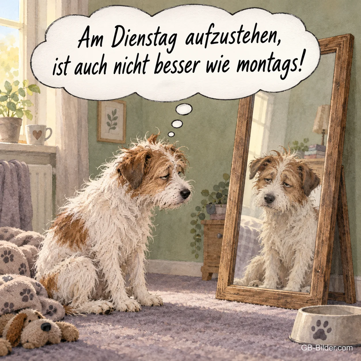 Terrier vor dem Spiegel, lustiger Spruch, Text: Am Dienstag aufzustehen, ist auch nicht besser wie montags