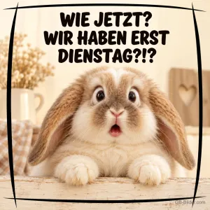 Widderkaninchen schaut erschrocken mit offenem Mund, Text: WIE JETZT? WIR HABEN ERST DIENSTAG?!?