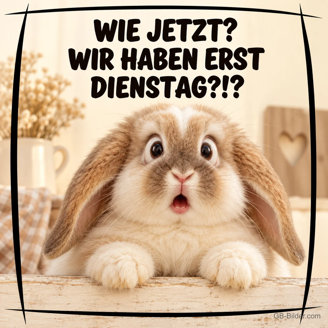 Widderkaninchen schaut erschrocken mit offenem Mund, Text: WIE JETZT? WIR HABEN ERST DIENSTAG?!?
