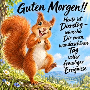 Eichhörnchen hüpft fröhlich auf einem Baumstamm vor Bergen, Text: Guten Morgen!! Heute ist Dienstag – wünsche Dir einen wunderschönen Tag voller freudiger Ereignisse