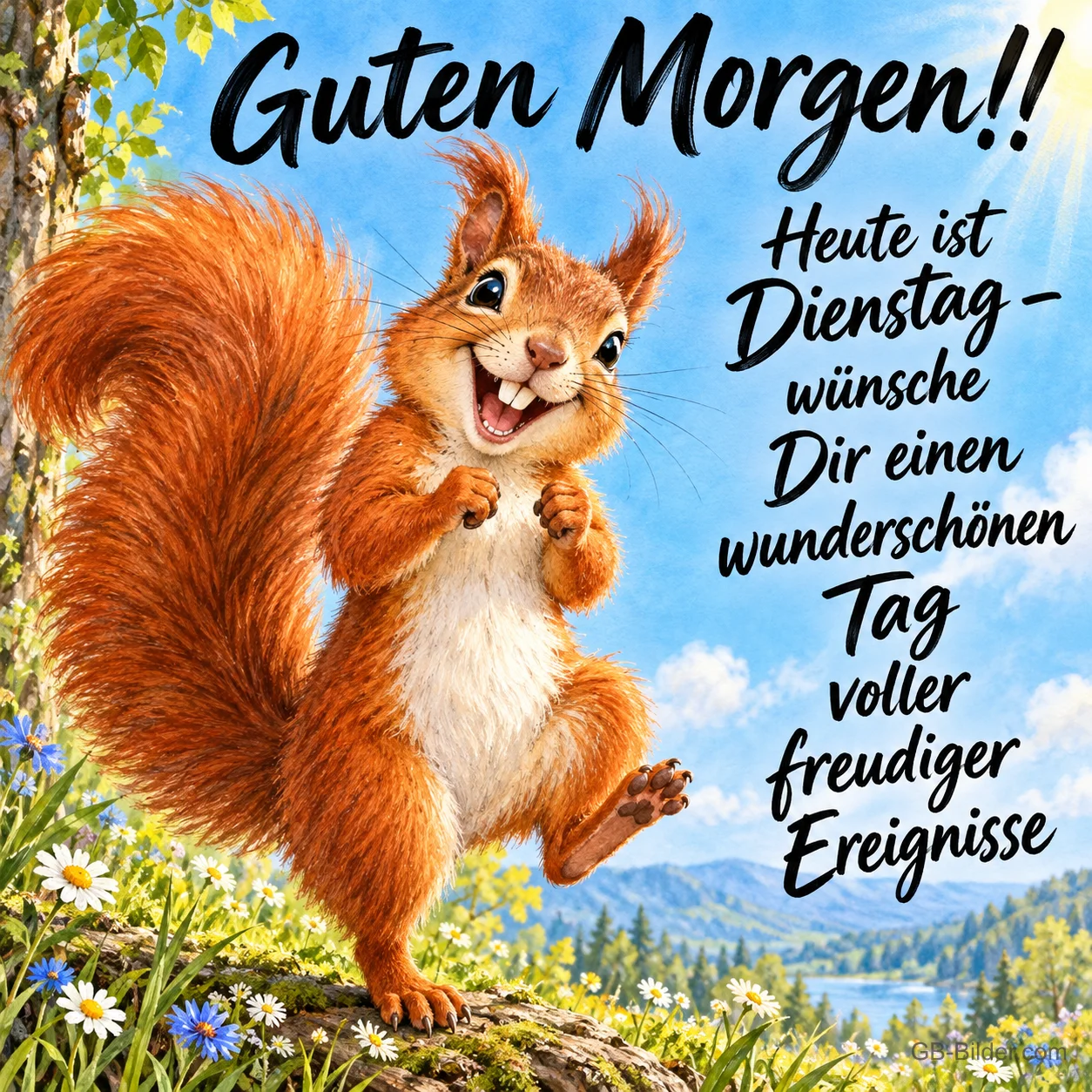 Eichhörnchen hüpft fröhlich auf einem Baumstamm vor Bergen, Text: Guten Morgen!! Heute ist Dienstag – wünsche Dir einen wunderschönen Tag voller freudiger Ereignisse Eichhörnchen hüpft fröhlich auf einem Baumstamm vor Bergen, Text: Guten Morgen!! Heute ist Dienstag – wünsche Dir einen wunderschönen Tag voller freudiger Ereignisse