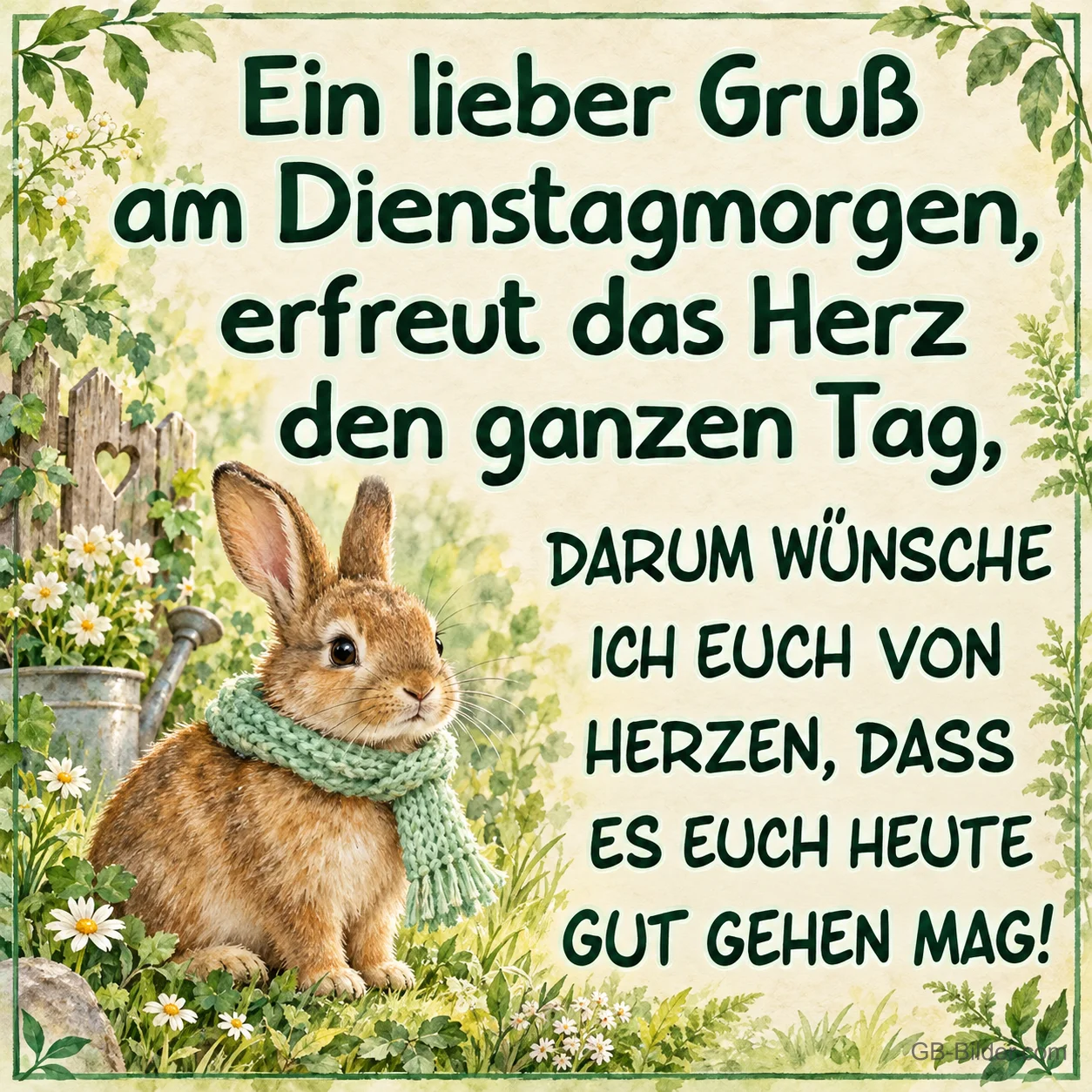 Hase mit grünem Strickschal im Garten, Text: Ein lieber Gruß am Dienstagmorgen, erfreut das Herz den ganzen Tag, darum wünsche ich euch von Herzen, dass es euch heute gut gehen mag! Hase mit grünem Strickschal im Garten, Text: Ein lieber Gruß am Dienstagmorgen, erfreut das Herz den ganzen Tag, darum wünsche ich euch von Herzen, dass es euch heute gut gehen mag!