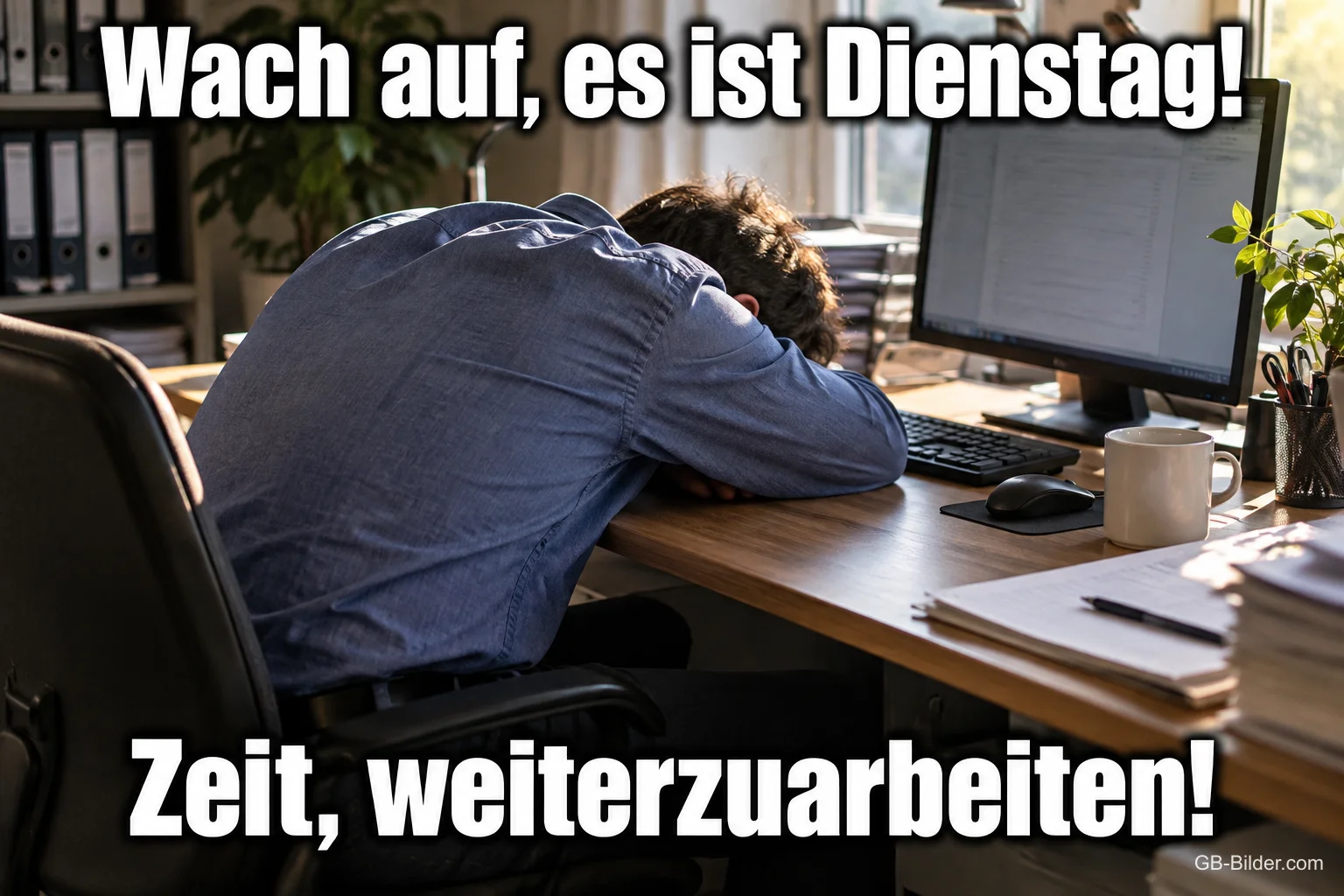 Mann ist am Schreibtisch im Büro eingeschlafen, Text: Wach auf, es ist Dienstag! Zeit, weiterzuarbeiten! Mann ist am Schreibtisch im Büro eingeschlafen, Text: Wach auf, es ist Dienstag! Zeit, weiterzuarbeiten!