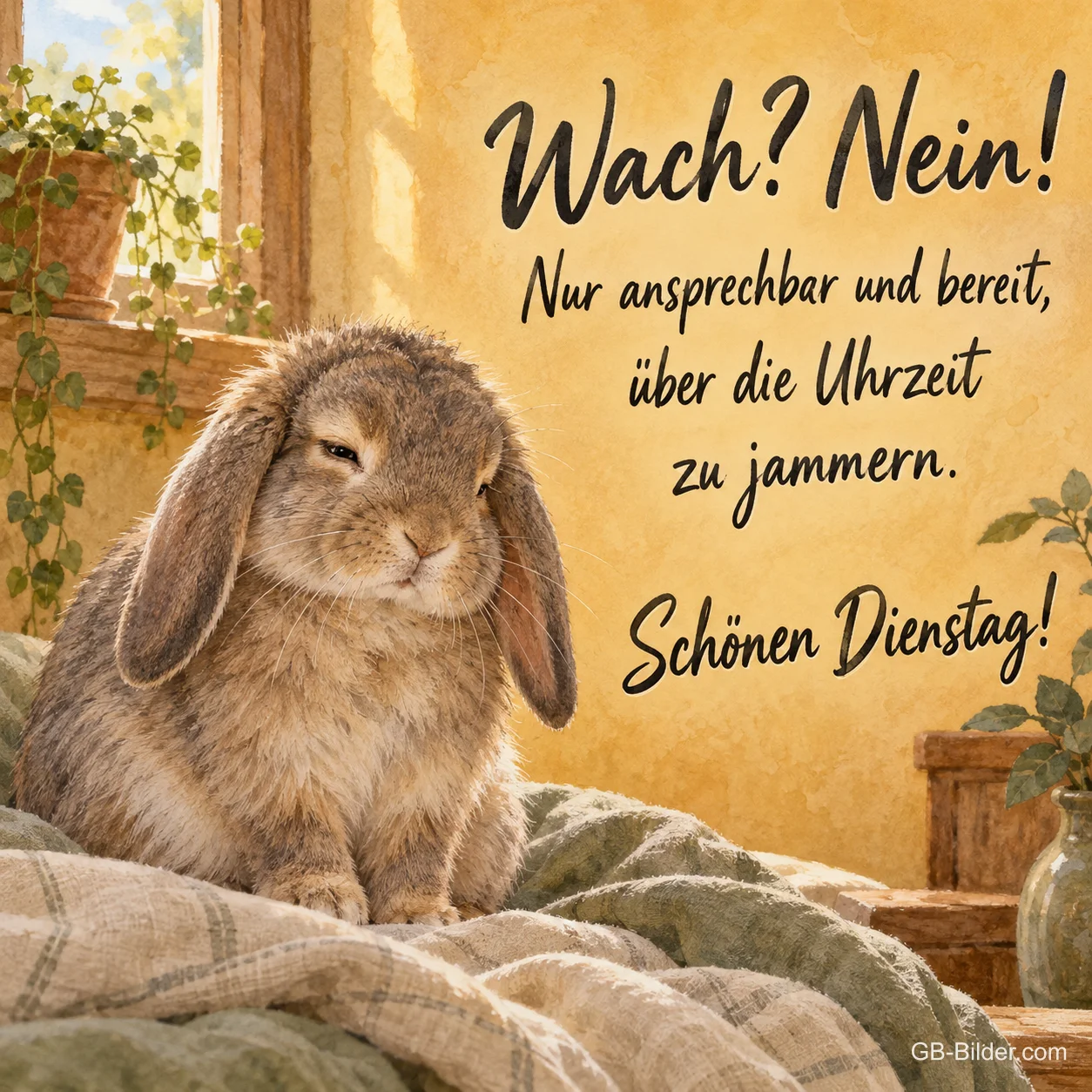 Widderkaninchen sitzt verschlafen auf einer Decke, Text: Wach? Nein! Nur ansprechbar und bereit, über die Uhrzeit zu jammern. Schönen Dienstag! Widderkaninchen sitzt verschlafen auf einer Decke, Text: Wach? Nein! Nur ansprechbar und bereit, über die Uhrzeit zu jammern. Schönen Dienstag!