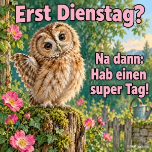 Waldkauz winkt mit dem Flügel auf einem Baumstumpf, Text: Erst Dienstag? Na dann: Hab einen super Tag!