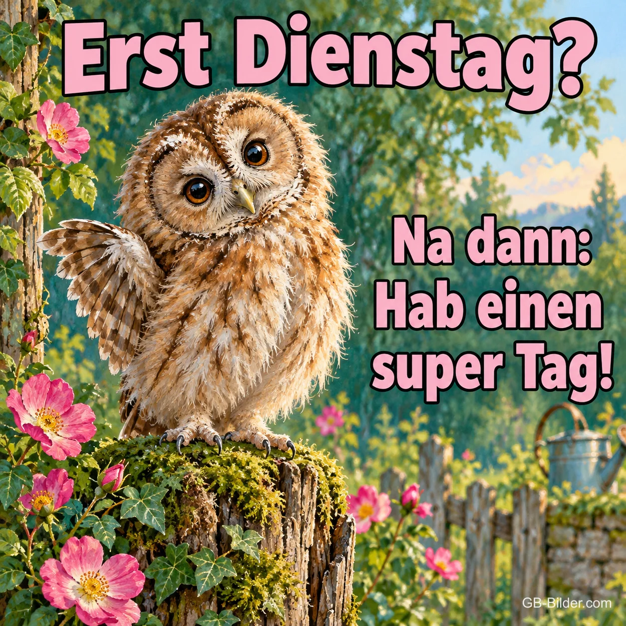 Waldkauz winkt mit dem Flügel auf einem Baumstumpf, Text: Erst Dienstag? Na dann: Hab einen super Tag! Waldkauz winkt mit dem Flügel auf einem Baumstumpf, Text: Erst Dienstag? Na dann: Hab einen super Tag!